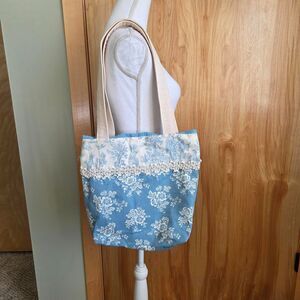 Handmade toile Blue and white floral tote bag with lace trim coquette